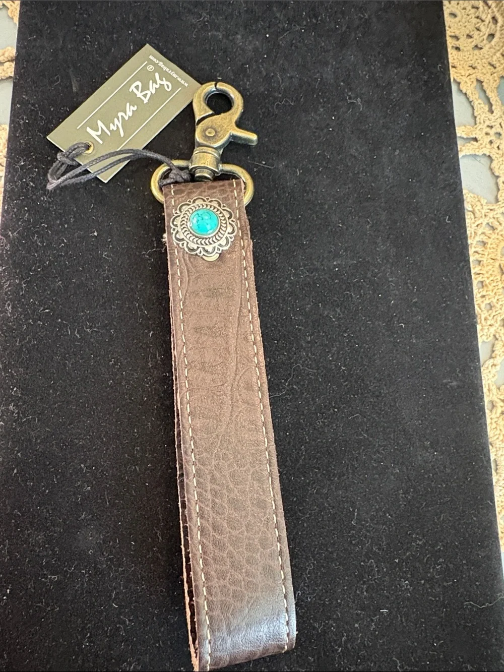 Myra Bag Brown Leather Wristlet Keychain with Turquoise Concho